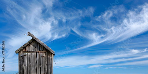 Moinho de vento antigo de madeira em um céu azul photo