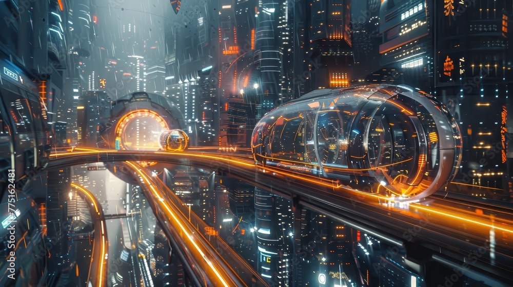 A futuristic cityscape with a train traveling through a tunnel. The train is surrounded by bright lights and neon signs, giving the impression of a futuristic, high-tech environment A futuristic cityscape with a train traveling through a tunnel. The train is surrounded by bright lights and neon signs, giving the impression of a futuristic, high-tech environment