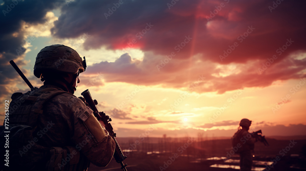 Silhouettes of armed soldiers standing firm on a hilltop, with the backdrop of a dramatic sunset that paints the sky with shades of orange and red.
