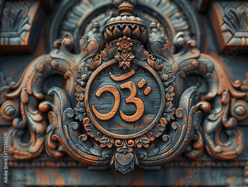 Hindu Om Symbol Adorning a Temple Entrance The sacred sounds representation blends into the structure