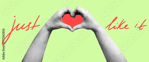 like it concept template design with two hands forming heart shape isolated retro magazine halftone dotted texture collage element for mixed social media design hand written script text