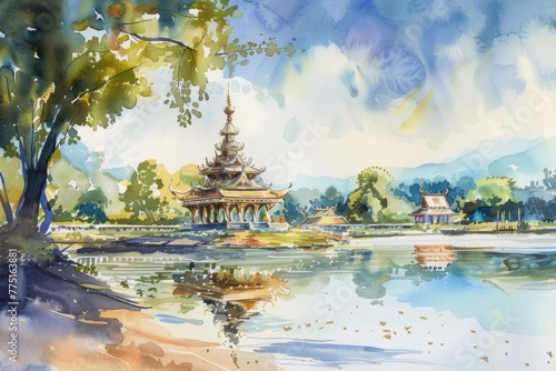 The making of sand pagodas by the riverside, a unique Songkran tradition, illustrated in soft watercolor tones