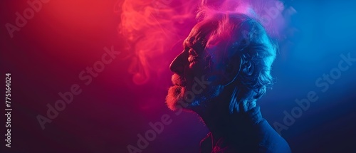 Silhouette of an elderly man with a neon smoke effect representing awareness for Parkinsons and Alzheimers diseases. Concept Silhouette Photography, Elderly Portrait, Neon Smoke Effect
