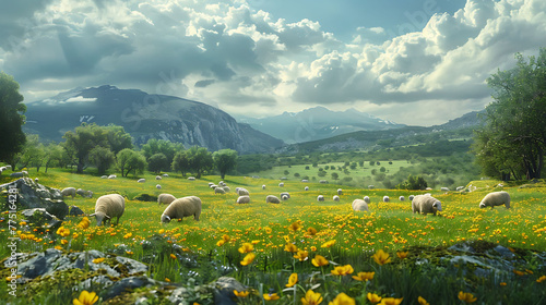 A peaceful countryside scene with grazing sheep and cattle