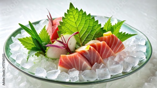 Japanese sashimi with fresh vegetables and herbs on ice cubes. photo