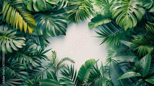 White frame on a background of tropical green leaves with place for text  invitation or banner