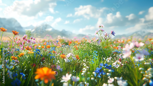 A peaceful meadow filled with wildflowers of every color, swaying gently in the breeze