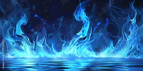 swirling flames, magic blue flames, anime style, blue flames flickering on top of water, marshland background photo