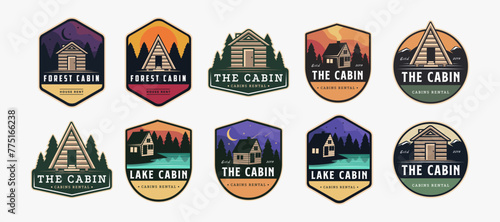 Set of Vintage modern outdoor badge emblem patch cabin in nature logo icon vector, cottage hut cabin logo template on dark background