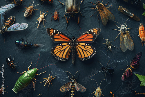 Insects of various types are located on a dark background, butterflies, beetles. photo