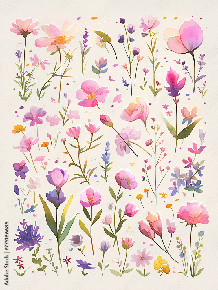 A charming hand-drawn watercolor illustration featuring a variety of folk art-style flowers in shades of bright pink and green A charming hand-drawn watercolor illustration featuring a variety of folk art-style flowers in shades of bright pink and green