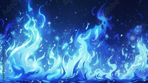 swirling flames, magic blue flames, anime style, blue flames flickering on top of water, marshland background