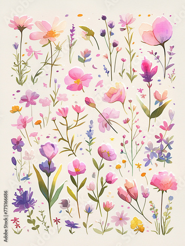 A charming hand-drawn watercolor illustration featuring a variety of folk art-style flowers in shades of bright pink and green © Jane