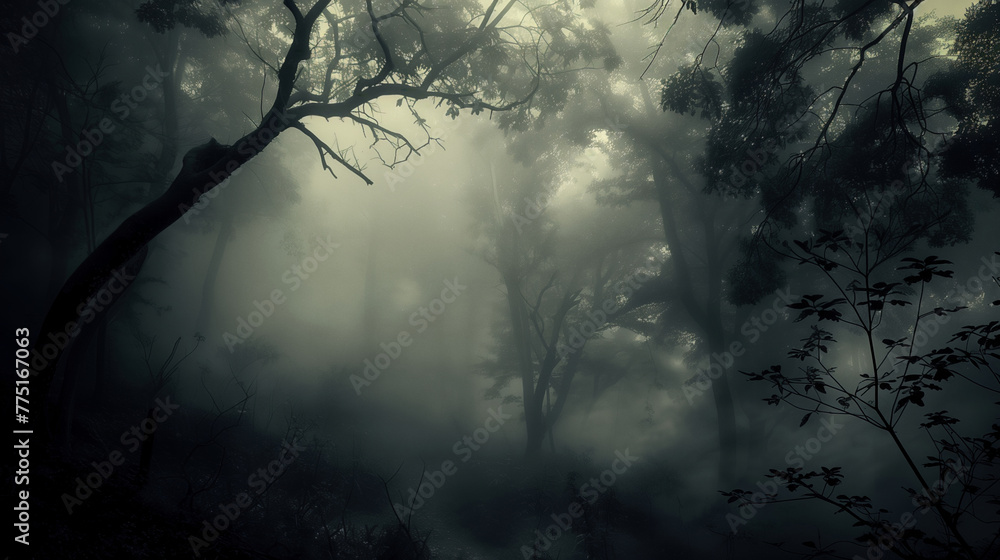 Black and white photo of forest, dark gloomy landscape, fog in the woods