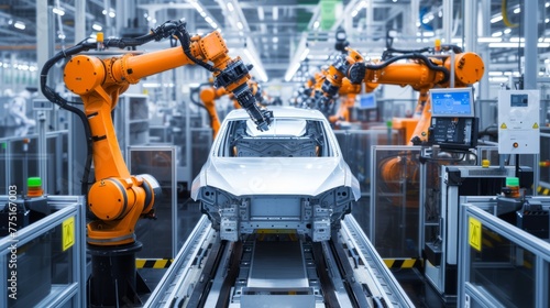 A car is being built in a factory with robots