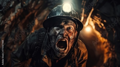 A man in a black hat and a black shirt is screaming in a cave