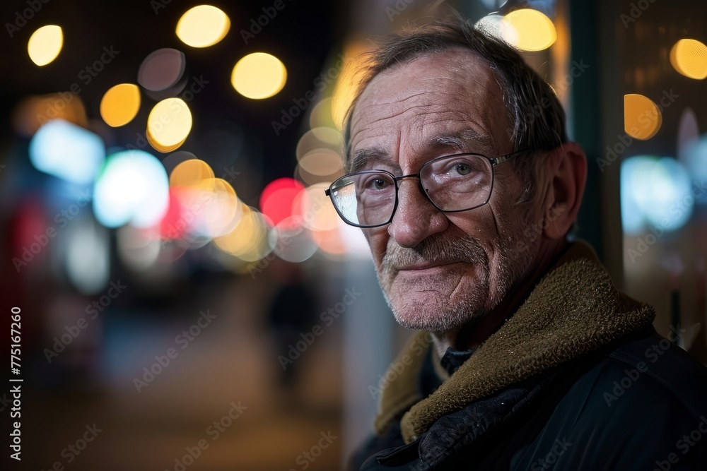 Portrait of an elderly man with glasses in the city at night Portrait of an elderly man with glasses in the city at night