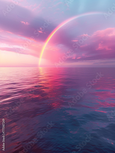 Sunset Rainbow Over Ocean with Pink Hues