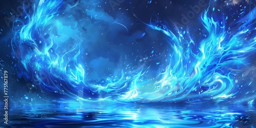 swirling flames, magic blue flames, anime style, blue flames flickering on top of water, marshland background