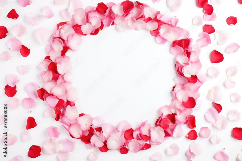 A creative frame of pink and red rose petals arranged in a heart shape, on a clean white background. Rose Petals Heart Frame on White Background