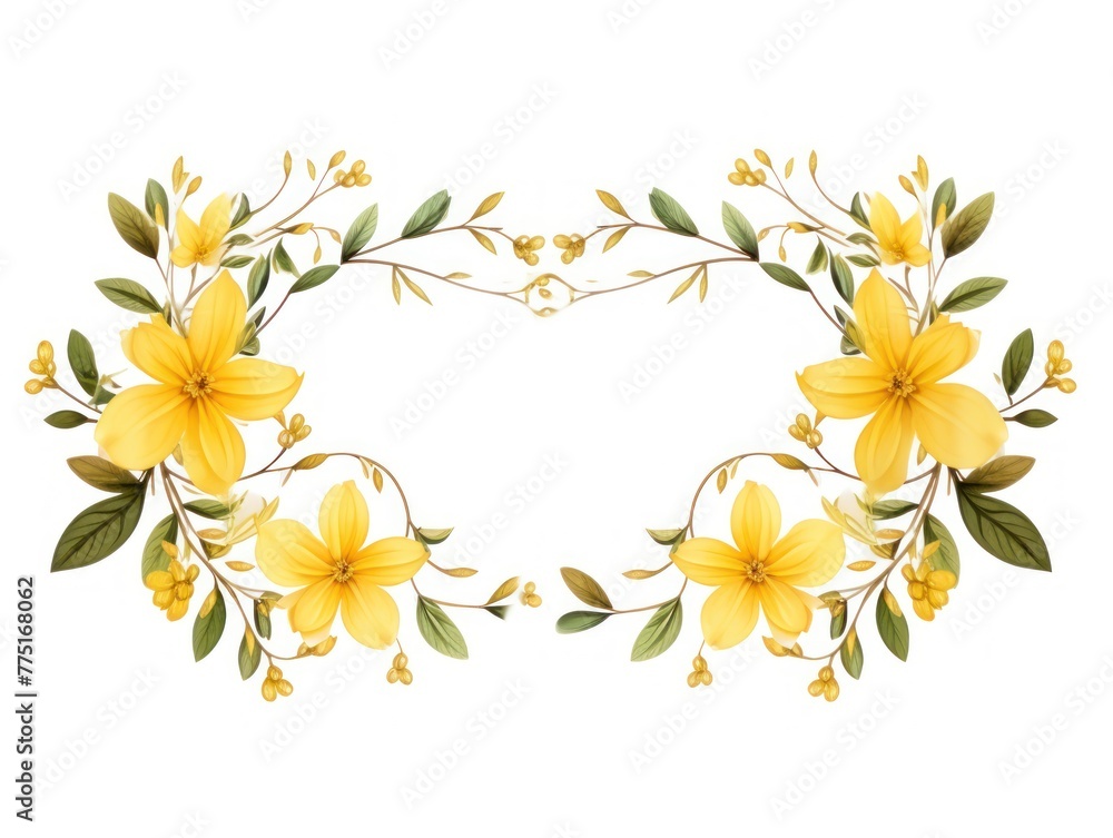 Yellow thin barely noticeable flower frame with leaves isolated on white background pattern
