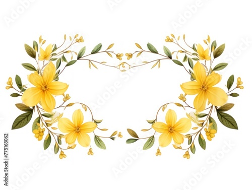 Yellow thin barely noticeable flower frame with leaves isolated on white background pattern