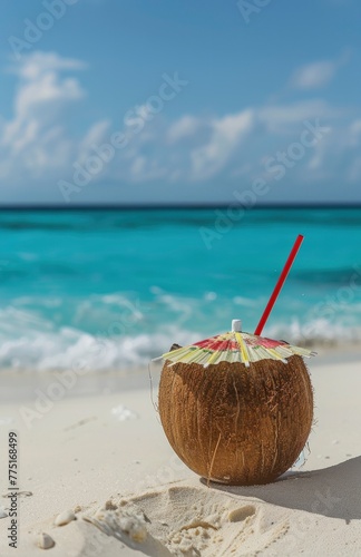 A coconut cocktail with an umbrella and red straw, on the beach in front of the blue sea water.