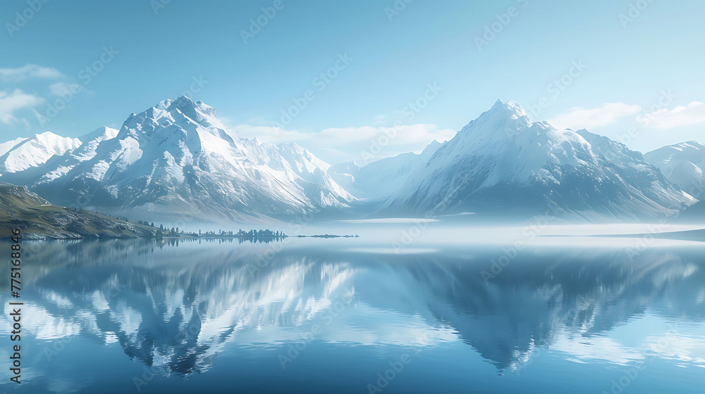 A pristine lake reflecting the snow-capped peaks of distant mountains