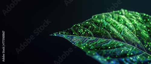 The striking image features a leaf with a green glowing circuit design, emphasizing the convergence of nature and tech