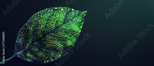 A leaf with an intricate green circuit pattern captures the blend of technology with the environment