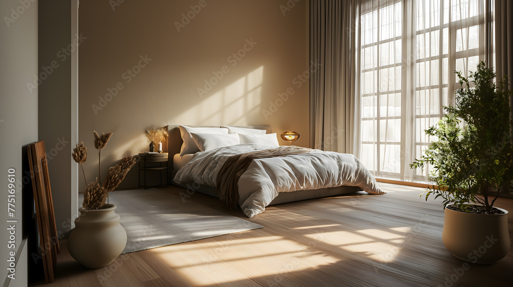 Cozy Bedroom Interior with Warm Morning Light Filtering Through