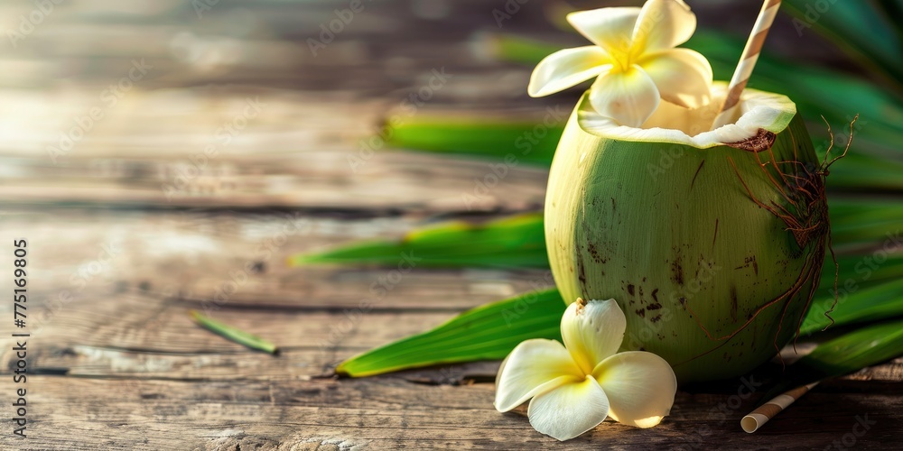 Green coconut water with frangipani flower on a wooden.