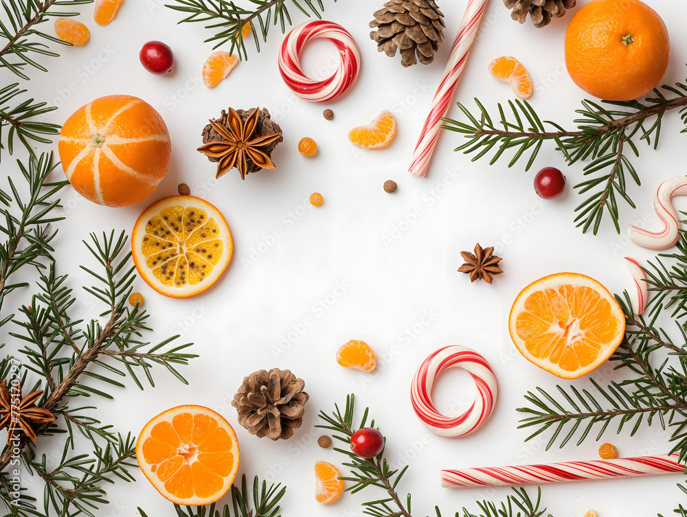 Festive Winter Holiday Background with Oranges and Candy Canes Festive Winter Holiday Background with Oranges and Candy Canes