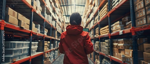 Workers navigate tall shelves with handheld devices to locate specific items ensuring accurate inventory. Concept Inventory Management, Warehouse Operations, Technology Tools, Employee Efficiency