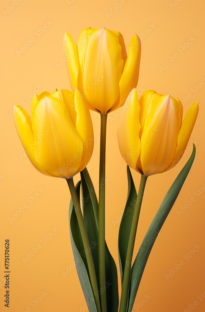three yellow tulips on a yellow surface, in the style of bold color palate сreated with Generative Ai three yellow tulips on a yellow surface, in the style of bold color palate сreated with Generative Ai