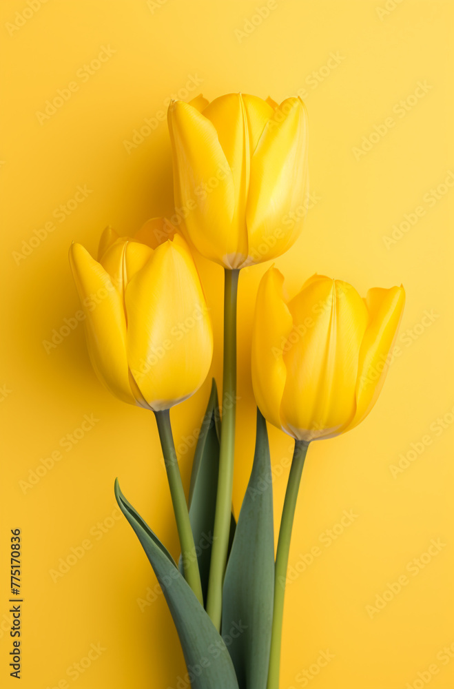 three yellow tulips on a yellow surface, in the style of bold color palate сreated with Generative Ai three yellow tulips on a yellow surface, in the style of bold color palate сreated with Generative Ai