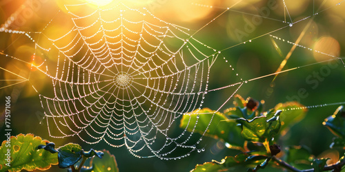 Beautiful morning dew drops on a spider web in front of a sunlit green field