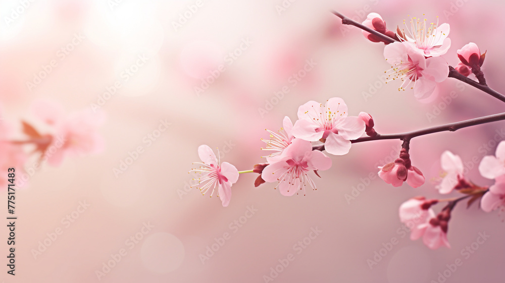  Delicate pink cherry blossoms dreamy, soft focus against a gentle, ethereal background, evoking the beauty of spring copy space banner mockup.
