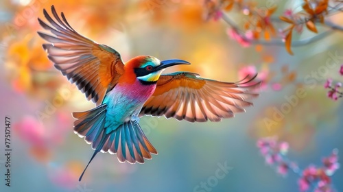 Exotic bird in high speed ultra realistic flight against vibrant natural backdrop