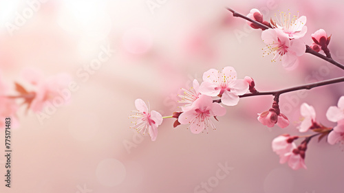  Delicate pink cherry blossoms dreamy, soft focus against a gentle, ethereal background, evoking the beauty of spring copy space banner mockup.