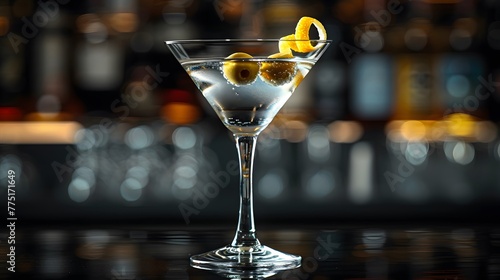 a classic martini on a sleek black background, garnished with a twist of lemon and a single olive, in stunning 8k high resolution.
