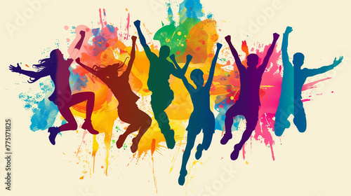 Vector art illustration of a group of people jumping for joy, on a light background