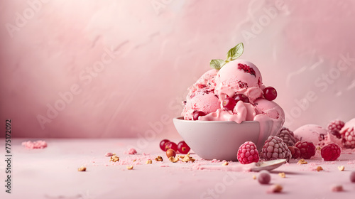 Delicious Raspberry Ice Cream in a White Bowl with Berries and Nuts