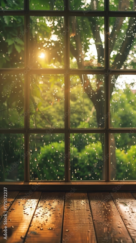 A solitary sunbeam sneaks through a window, casting a spotlight on the wet hardwood floor in a quiet, rain-soaked room. A solitary sunbeam sneaks through a window, casting a spotlight on the wet hardwood floor in a quiet, rain-soaked room.