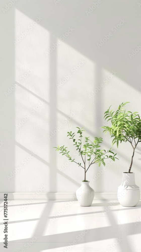 Pristine white wall serves as a canvas for the shadows of a lush potted plant on a sunny day. Pristine white wall serves as a canvas for the shadows of a lush potted plant on a sunny day.