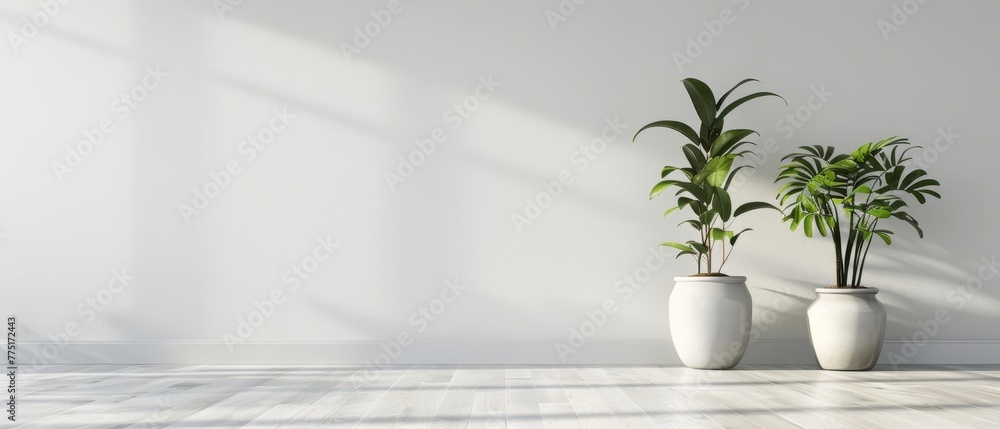 Two large potted plants bring life to a spacious room with their refreshing greenery and lively shadows. Two large potted plants bring life to a spacious room with their refreshing greenery and lively shadows.