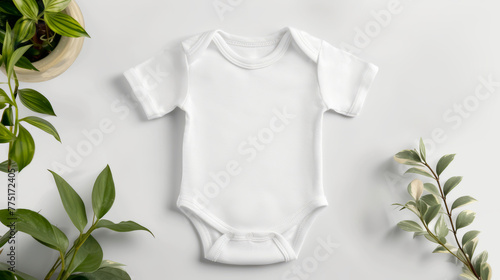 Blank White Baby Onesie Surrounded by Fresh Greenery, Perfect Mockup for Custom Clothing Design photo