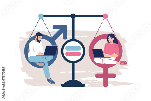 Gender equality concept. Men and women character on the scales for gender equality. Vector illustration. Flat.