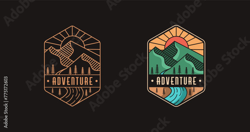 Emblem mountain and river landscape adventure logo icon vector template on black background