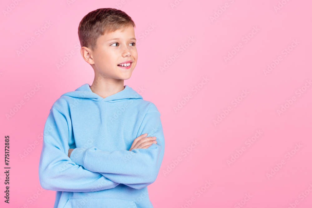 Portrait of creative minded boy folded hands look empty space brainstorming isolated on pink color background Portrait of creative minded boy folded hands look empty space brainstorming isolated on pink color background